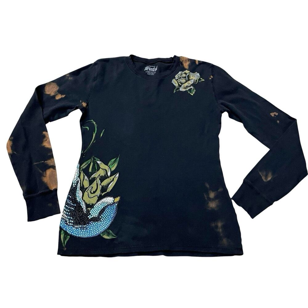 Sinful By Affliction Rhinestone Thermal Tshirt XL Bird Floral Bleached Y2K Bling